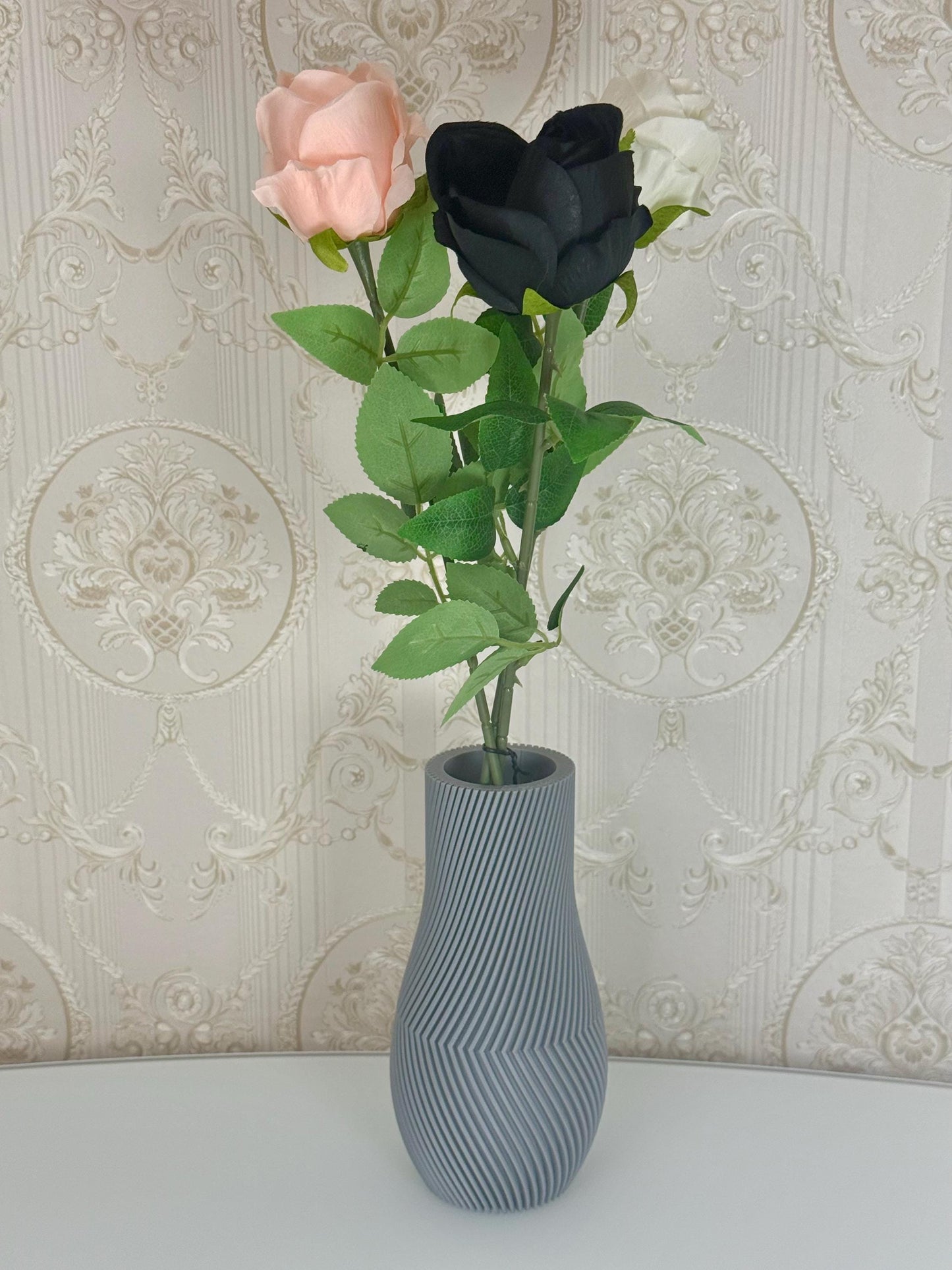 Handgefertigtes Deko-Set Vase, Blumentopf & Untersetzer | Modernes Design | Zemer-Technik - Grau