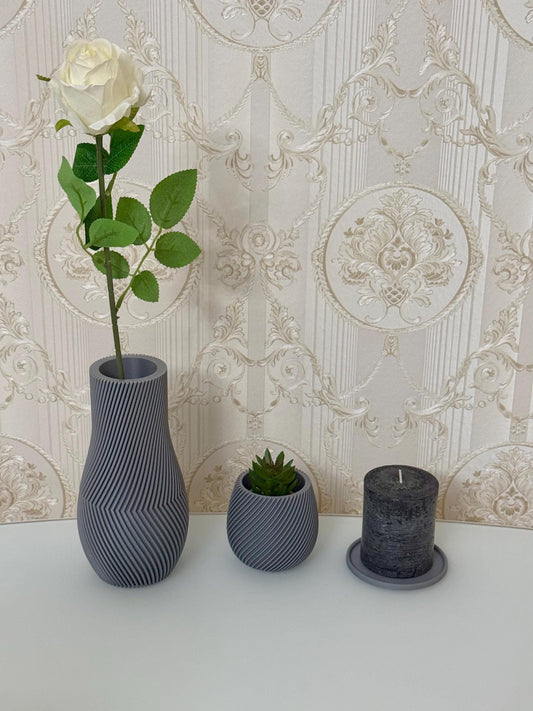 Handgefertigtes Deko-Set Vase, Blumentopf & Untersetzer | Modernes Design | Zemer-Technik - Grau